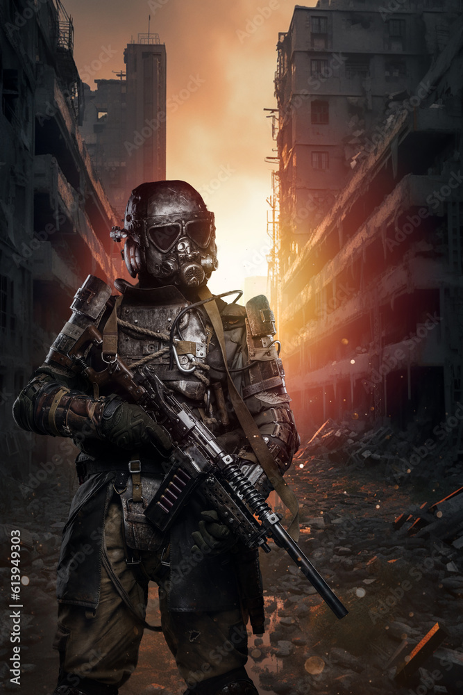 Post-apocalyptic world, a soldier wearing unique anti-nuclear armor stands with a conceptual rifle amidst the ruins of a city destroyed by nuclear war Post-apocalyptic world, a soldier wearing unique anti-nuclear armor stands with a conceptual rifle amidst the ruins of a city destroyed by nuclear war