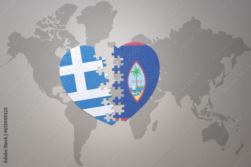 puzzle heart with the national flag of guam and greece on a world map ...