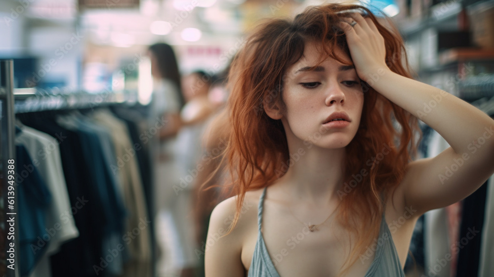 young adult woman or teenager girl, thinks and seems confused or shocked or sad, scared or frightened, in a crowded shop in a city, fictional place