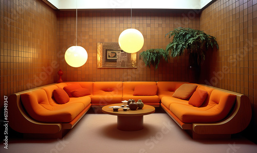 Beautiful Living room with orange sofa and plants, 70s-style. Created using generative AI tools