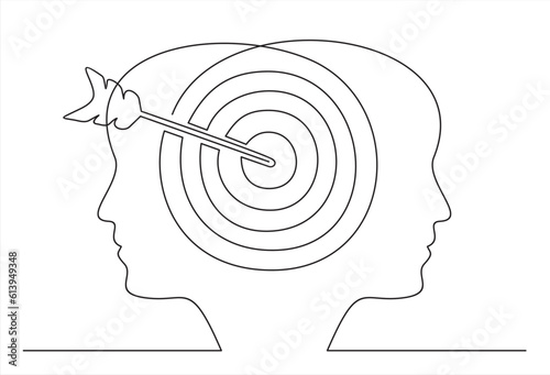 Goal, Target, Aim, Focus Line Icon. Objective-Focused Human Head Linear Pictogram. Mental Concentration Outline Sign. Intellectual Process Symbol. Single one line