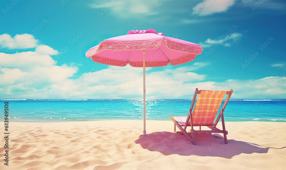 Sunny beach with sun lounger and pink umbrella. Created using generative AI tools