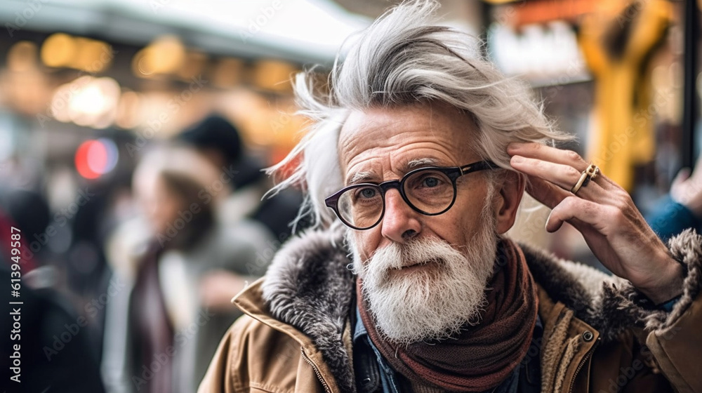 an old man with coat and cap and gray beard, thinks and seems confused or shocked, scared or frightened, in a crowded shopping street, fictional place an old man with coat and cap and gray beard, thinks and seems confused or shocked, scared or frightened, in a crowded shopping street, fictional place