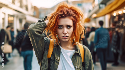 Wallpaper Mural young adult woman or teenager girl, thinks and seems confused or shocked, scared or frightened, in a crowded shopping street in a city, fictional place Torontodigital.ca