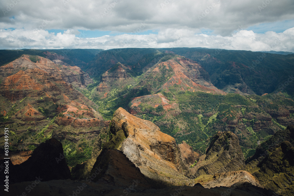 Panoramic View looking out over Waimea Canyon State Park on the island of Kauai, Hawaii