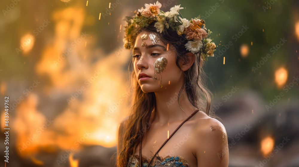 young adult woman as a young generation, young, as a mother or daughter nature, with a wreath of flowers on her head, depressed, sad hopeless, nature and the environment, climate change