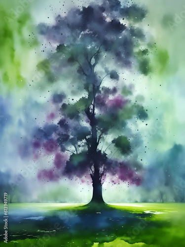 Alone tree after rain. Watercolor. AI generated illustration