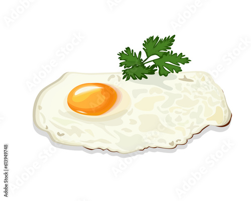 Scrambled eggs. Dish of broken eggs.  Cartoon, flat vector drawing. National cuisine, cooking, recipes. Homemade food, diet eggs, health and medicine. Chicken egg omelet. White background.