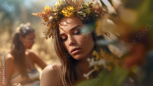 young adult woman as a young generation, young, as a mother or daughter nature, with a wreath of flowers on her head, depressed, sad hopeless, nature and the environment, climate change