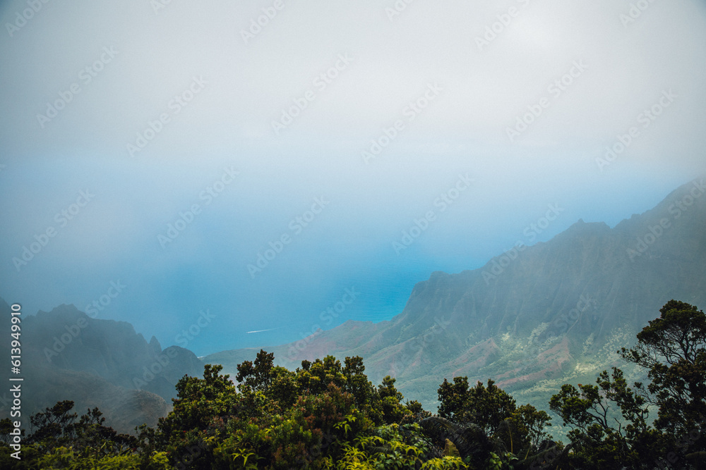 Foggy mist over the ocean and Kokee State Park on the island of Kauai, Hawaii