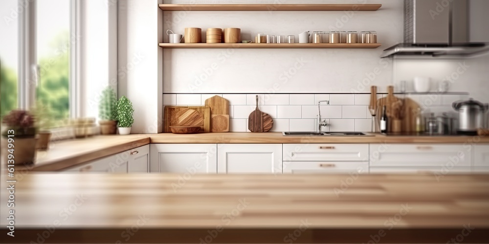 Kitchen room in Spacious Home. Wooden tabletop in a modern interior Kitchen room in Spacious Home. Wooden tabletop in a modern interior