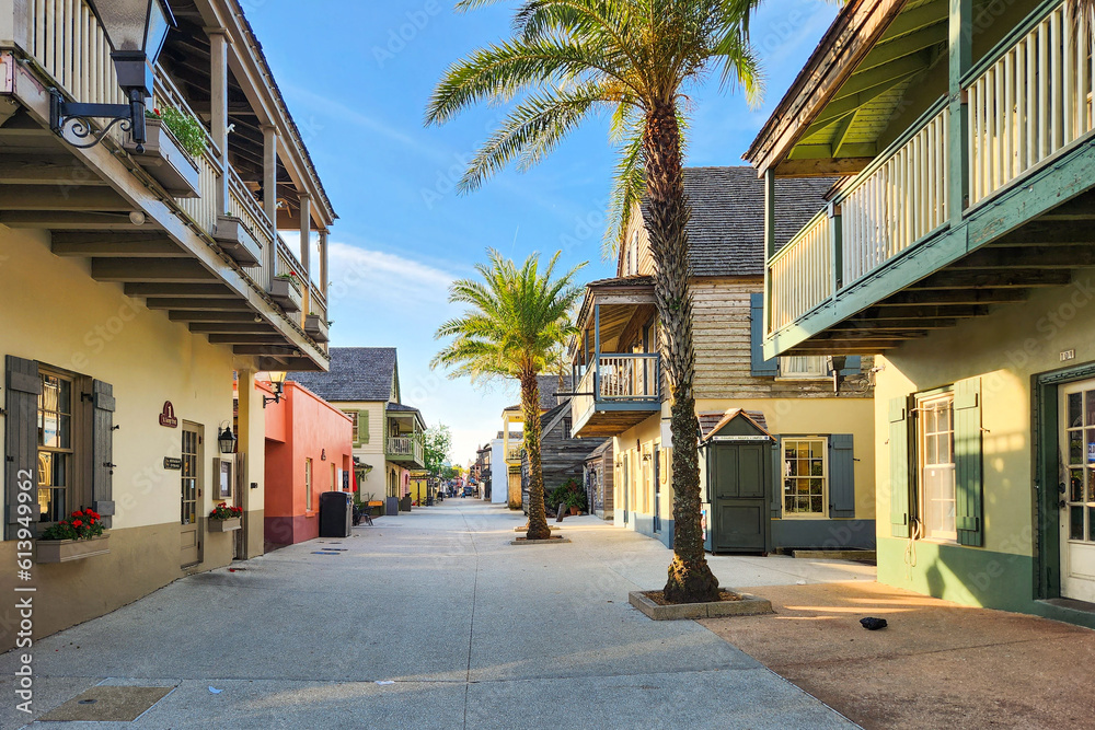 View of St George Street in St Augustine, FL. Founded in 1565 by Spanish explorers, it is the oldest continuously inhabited European-established settlement in the contiguous USA