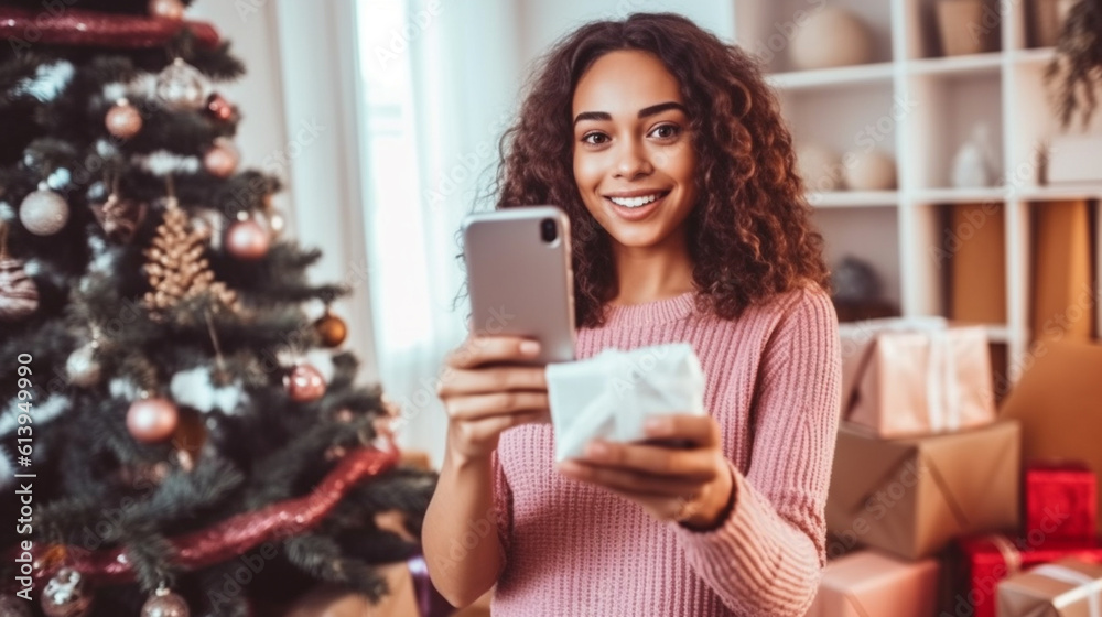 adult woman on her mobile phone, holding her smartphone, christmas in the living room, christmas present and christmas tree, pink bathrobe adult woman on her mobile phone, holding her smartphone, christmas in the living room, christmas present and christmas tree, pink bathrobe