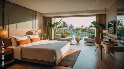 spacious tropical bedroom or hotel room with palm trees and balcony, summery temperatures and nice weather, fictitious place, bed and desk, wooden floor, villa hotel or homestay photo