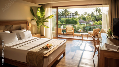 spacious tropical bedroom or hotel room with palm trees and balcony, summery temperatures and nice weather, fictitious place, bed and desk, wooden floor, villa hotel or homestay © wetzkaz