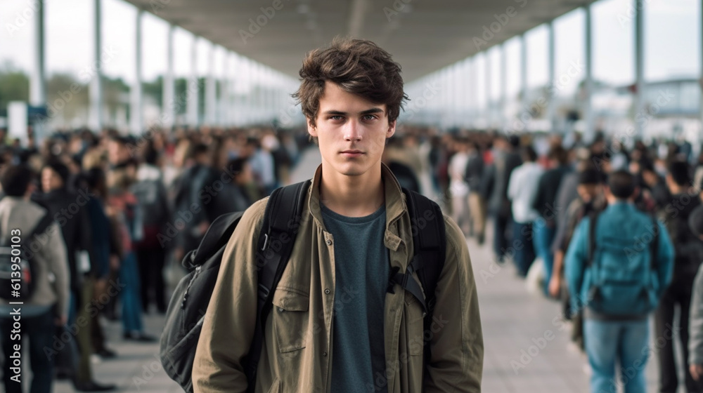 young adult man with backpack, at the crowded airport or train station, rush busy crowd, queue, arrival or departure, fictional place