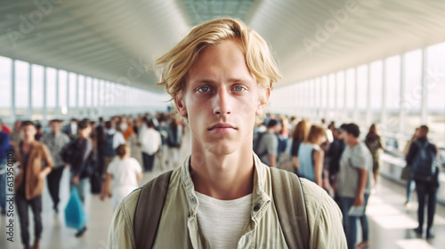 young adult man with backpack, at the crowded airport or train station, rush busy crowd, queue, arrival or departure, fictional place