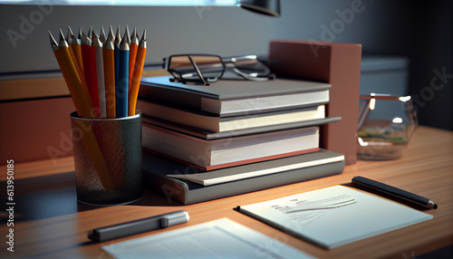 Close-up office desk with an organized stack of papers, documents Ai generated image