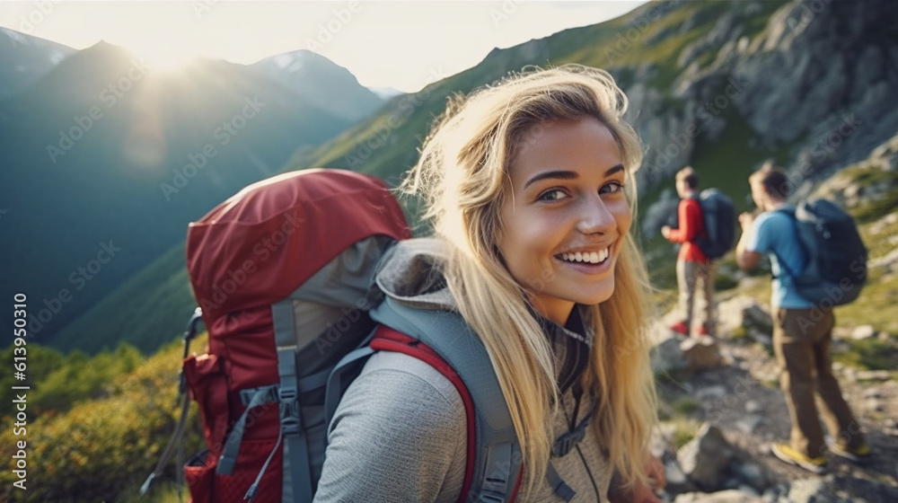 young adult woman with blond hair, hiking or mountaineering, backpack, backpacker, traveling with friends, group trip, caucasian, smiling happy, fictional location