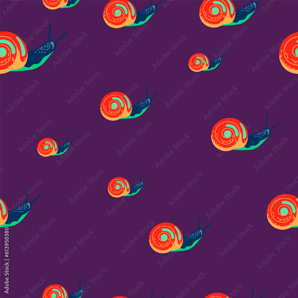 Cute snails seamless pattern. Funny cartoon character wallpaper in doodle style.
