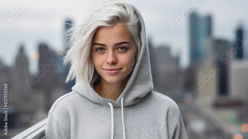 young adult woman with blond and white hair, gray hoodie, on a flat roof, a view of a city, caucasian, smiling happily