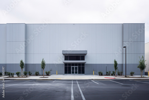 Modern sleek warehouse office building facility exterior architecture, gray. Generative AI photo