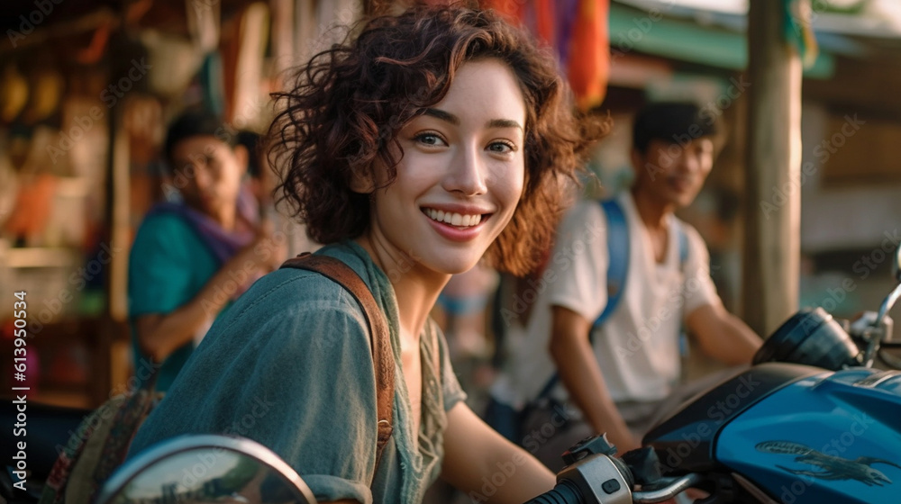 typical tourist everyday life, young adult woman, on the way, past local shops, side street, locals street vendor sellers, tourism and tourists, fictional place