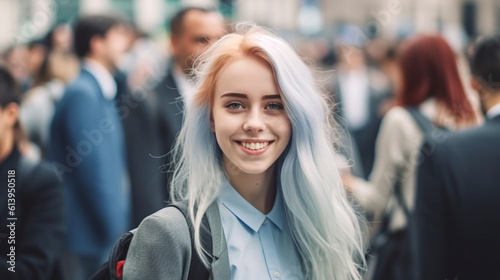 young adult woman with long hair dyed blonde-blue wears a gray suit and a blue shirt, in a big city, crowd and busy, smiling happy and having fun, career or student, good mood