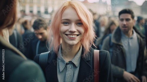 young adult woman with long hair dyed red wears a dark suit and a shirt, in a big city, crowd and busy, smiling happy and having fun, career or student, good mood