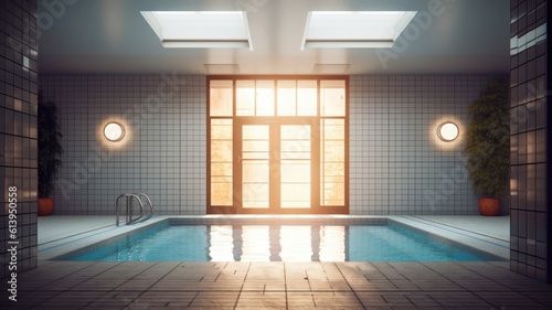 Indoor swimming pool in a luxury home. Tiled walls and floor, skylights, wall lamps, plants in floor pots, large window with garden view and morning lighting. 3D rendering. Generative AI © Georgii