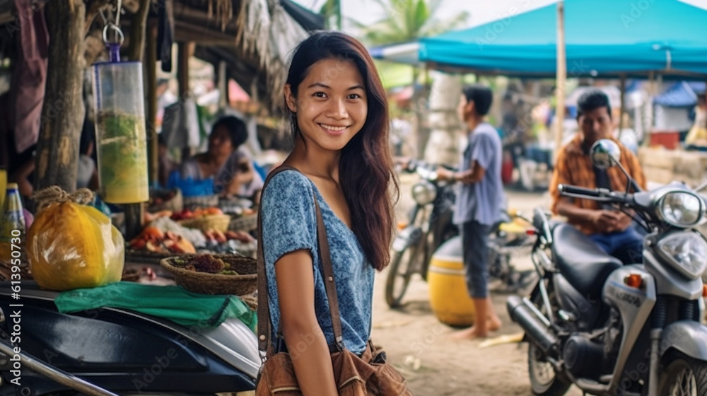 native young adult woman, asian woman, in rural local, real life in rural north, market stall and street vendor, scooter and people, fictional location