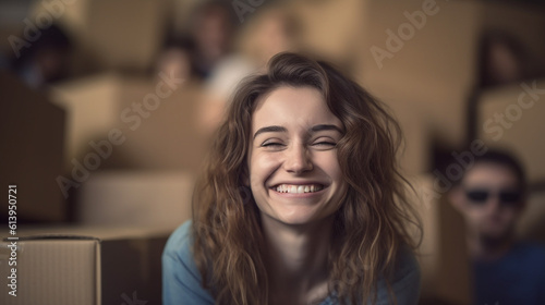 Wallpaper Mural young adult woman moving house or apartment with lots of moving boxes, good mood, looking forward to the new apartment and a fresh start, and having fun packing Torontodigital.ca