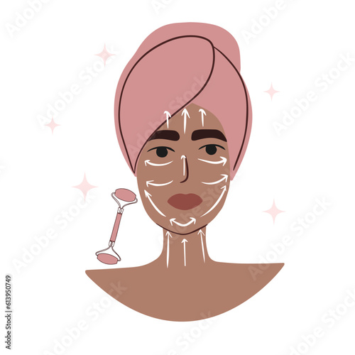 Facial massage direction infographic. Young  woman  in towel on head with rose quartz face roller. How to do gua sha massage. Hand drawn vector illustration.