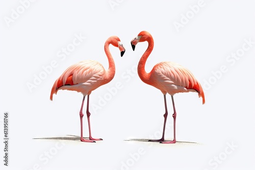 two_flamingos_standing_on_a_white_background