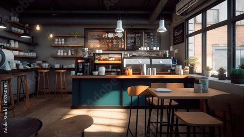 Interior of a modern loft style coffee shop. Decorated walls with open shelves, wooden bar counter, tables and chairs, hanging lamps and open shelves, huge windows. Modern hipster Generative AI © Georgii