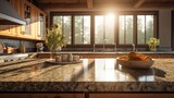 Fragment of a modern kitchen in a luxury home. Quartz countertop, wooden cabinets, table decor, flowers in vases, beautiful garden view from the window. Generative AI