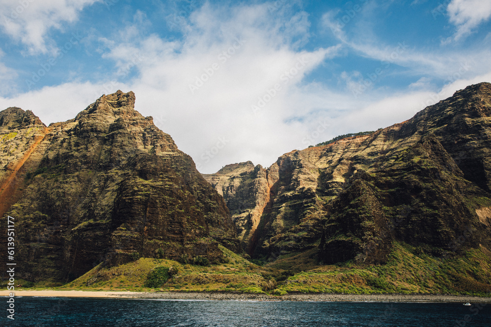 Close up view of the Na Pali Coast mountains from a sunset cruise in Kauai, Hawaii
