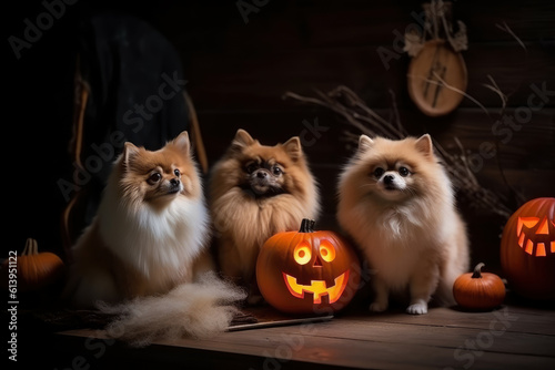 Halloween pumpkin jack o lantern and pomeranian spitz, AI Generated