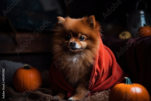 Halloween pumpkin jack o lantern and pomeranian spitz, AI Generated