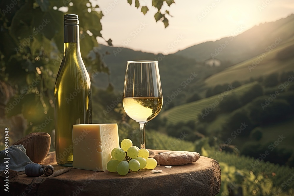 Wine bottle, white wine, cheese, baguette on vineyard landscape. Wine degustation. illustration Generative AI