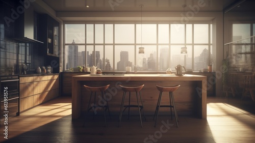 Modern loft kitchen with breakfast bar in an urban luxury apartment. Wooden floor, wooden bar counter with bar stools, open shelves, panoramic windows with city view, amazing morning sun Generative AI
