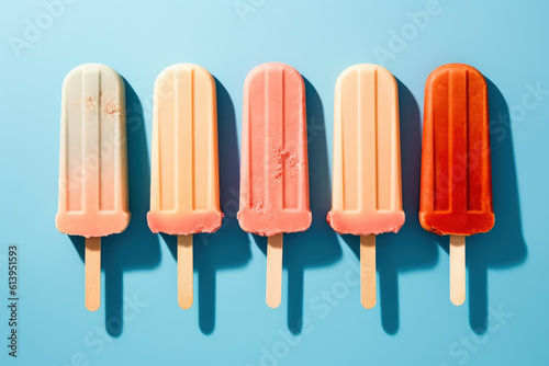 Fruit icecream, popsicle on a stick on blue background, AI Generated © staras