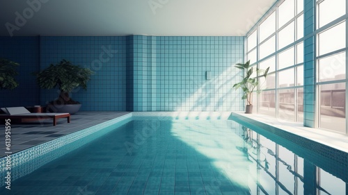 Indoor swimming pool in a luxury urban building. Blue tiled walls and white floor, deck chairs, plants in floor pots, panoramic windows overlooking the city in the morning light . 3D Generative AI © Georgii