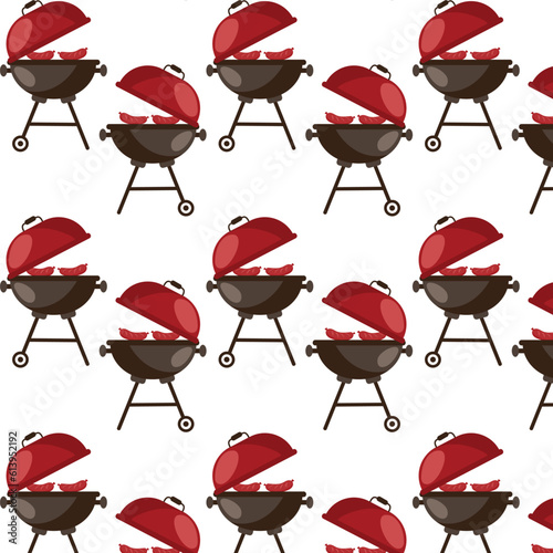 Pattern Barbecue grill elements set isolated on light background. BBQ party poster. Meat restaurant at home. Charcoal kettle with tool, sauce and foods. Kitchen equipment for menu. Cooking outdoors.