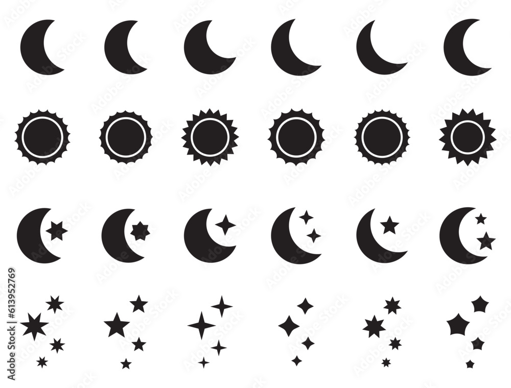 Night icon of the moon with stars and sun icon, vector on white background.