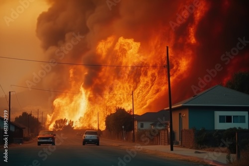 forest fire with fire tornado near town, Genrative Ai