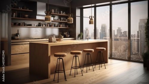 Modern loft kitchen with breakfast bar in an urban luxury apartment. Wooden floor  wooden bar counter with bar stools  open shelves  floor-to-ceiling windows with city view. Generative AI