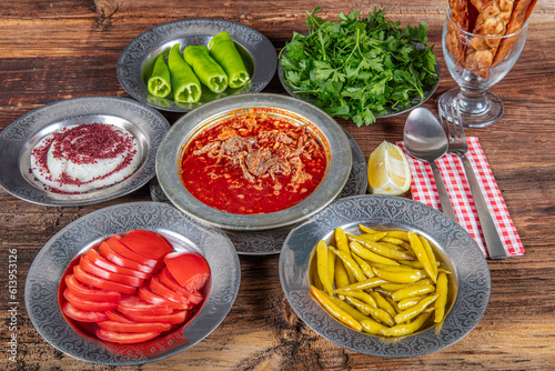 Turkish Soup Kelle paca with Lamb Meat, Chopped Garlic and Vinegar Sauce. Traditional Organic Food. Traditional soup of Gaziantep, Turkey. (Turkish name; Kelle Paca corbasi).