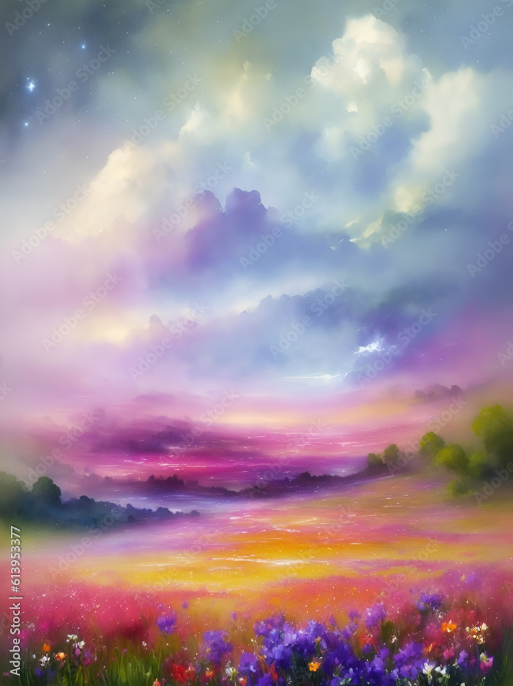 Fototapeta premium Spring flowers field. AI generated illustration