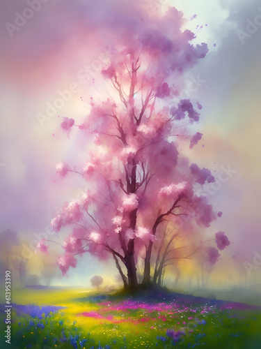 Spring flowers field. AI generated illustration